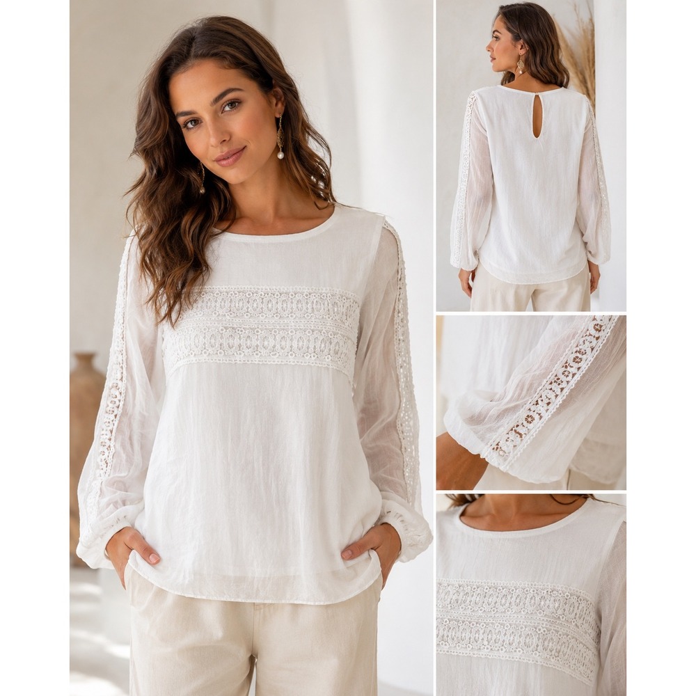 Giulia Lace Silk Blouse Women Medium White Good Boho Crochet Made in Italy